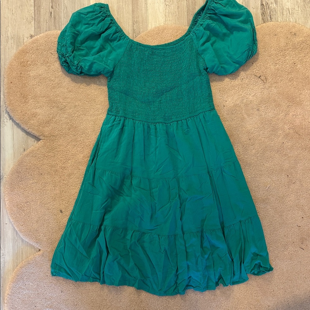 Teal smocked top, ruffle detail bottom dress